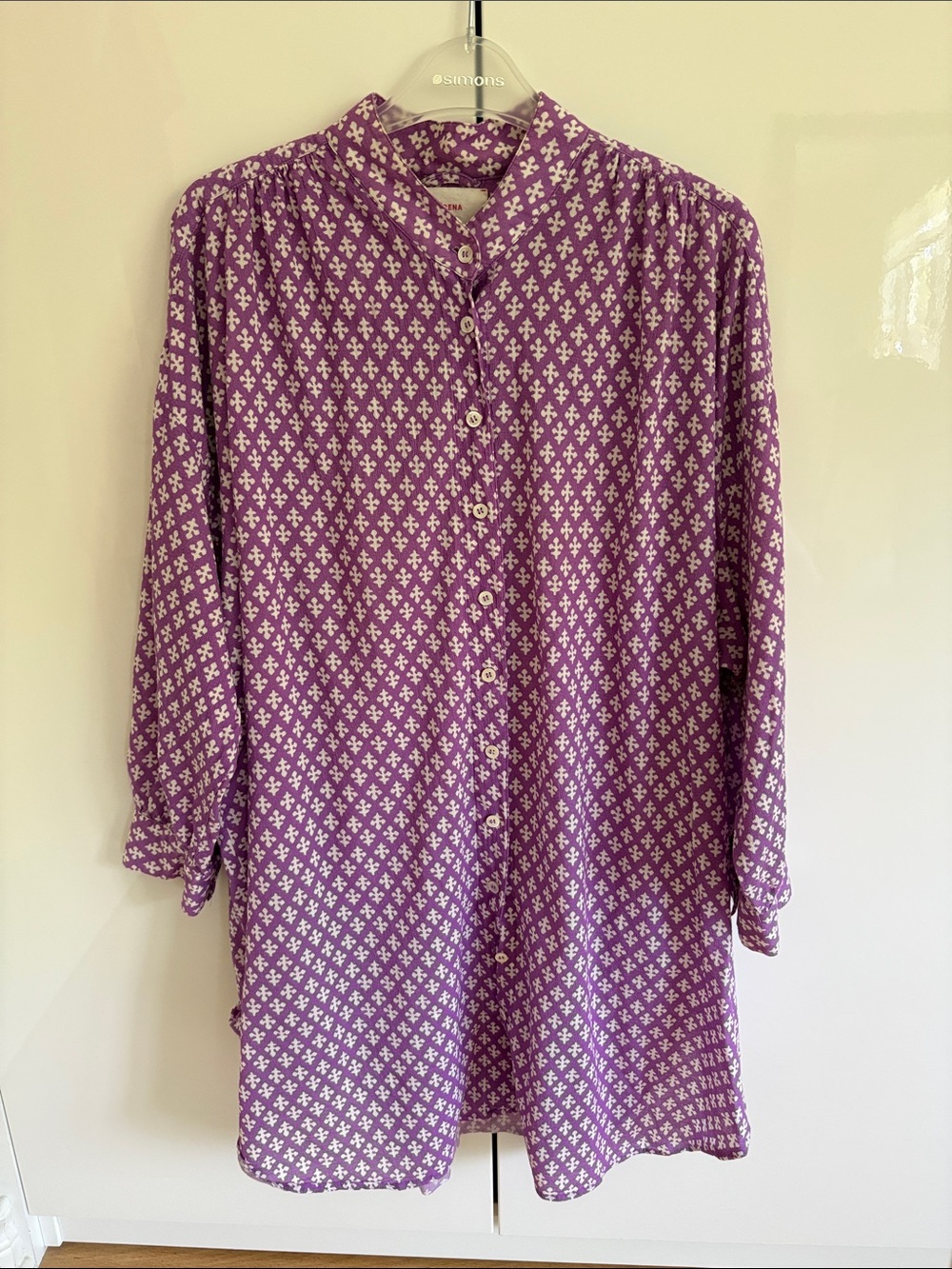 XiRENA Purple Button-Front Casual Shirtdress with White Motif